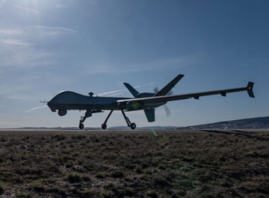 An MQ-9 Reaper drone on a highway in Wyoming