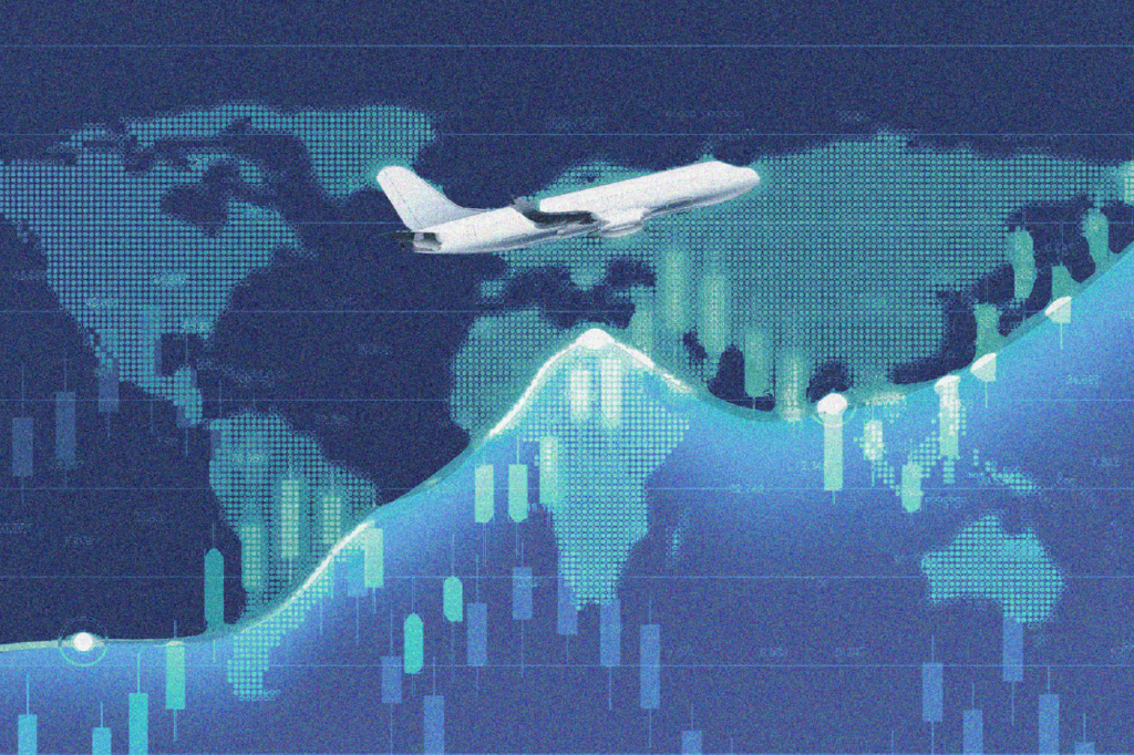 An aircraft on a blue background with a world map and a graph