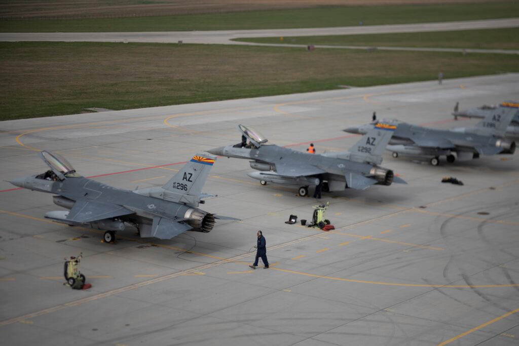 Arizona Air National Guard F 16 fighters lined upon the apron Arizona Air National Guard F-16 fighters lined upon the apron