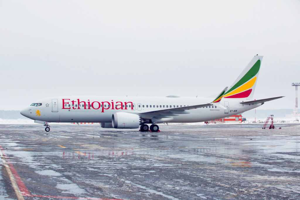 Arlanda International Airport. Passenger aircraft Boeing 737 MAX 8 of Ethiopian Airlines before flight