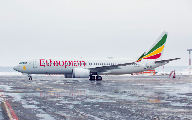 Arlanda International Airport. Passenger aircraft Boeing 737 MAX 8 of Ethiopian Airlines before flight