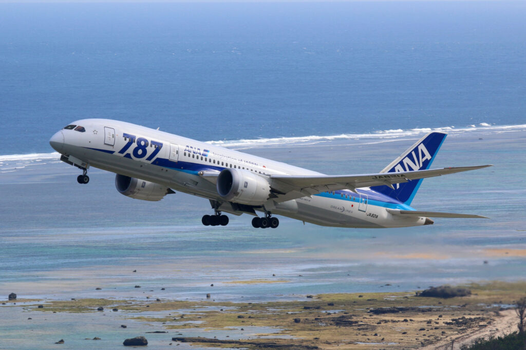 Ishigaki, Japan - October 14, 2015: ANA All Nippon Airways Boeing 787-8 airplane at Ishigaki airport in Japan.