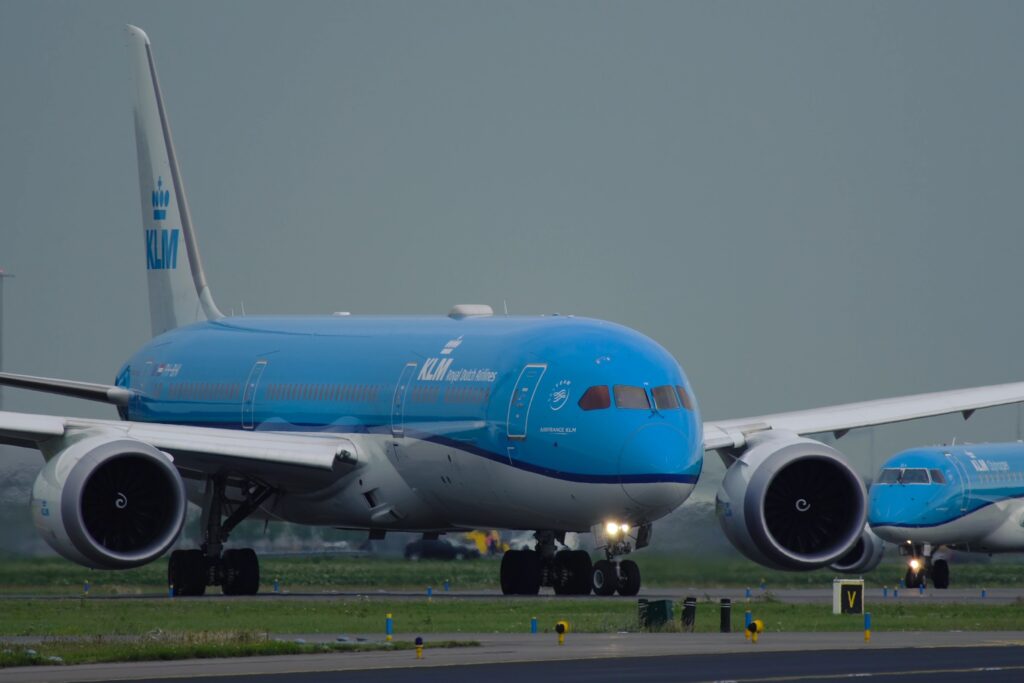 Close-up of Boeing 787 Dreamliner PH-BHI of KLM Airlines taxiing to runway before departure. Schiphol Airport in Amsterdam