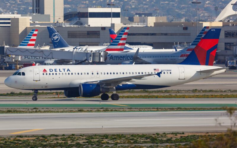 Delta Airlines Airbus A320 and American Airlines jet at Los Angeles airport (LAX) in the USA