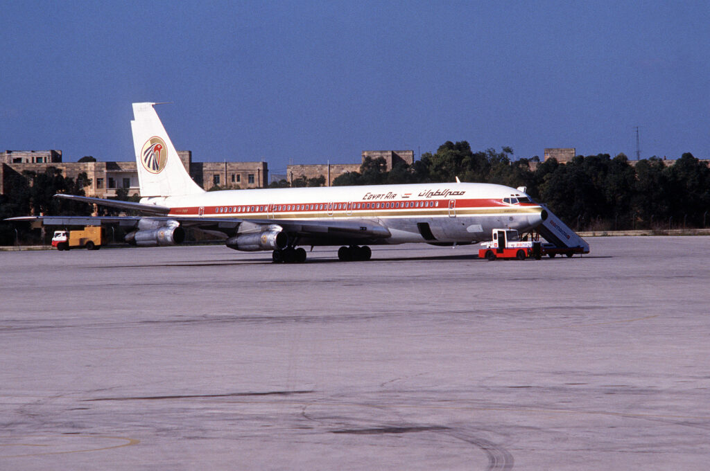 An Egypt Air Boeing 707 passenger jet is parked on the ramp at Luqa Airport
