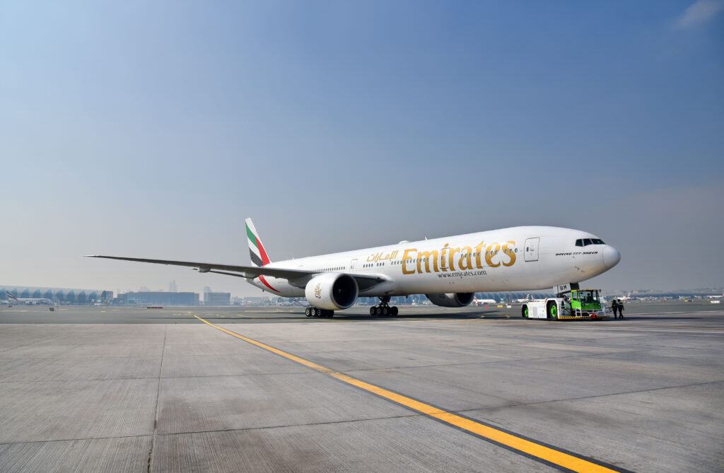 Emirates Boeing 777-300ER before its flight test with 100 percent Sustainable Aviation Fuel SAF