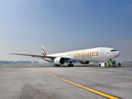 Emirates Boeing 777-300ER before its flight test with 100 percent Sustainable Aviation Fuel SAF