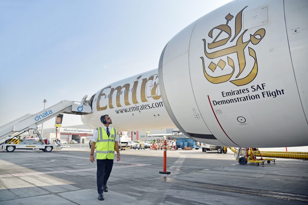 Emirates Boeing 777 300ER prepared for its demonstration flight with 100 Sustainable Aviation Fuel SAF Emirates is investing $200 million over three years to look and develop sustainable solutions for aviation