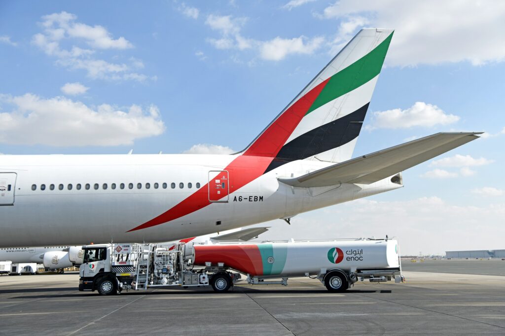 Emirates ran a ground test of a GE90 engine with 100 Sustainable Aviation Fuel SAF