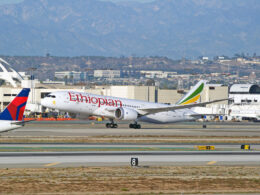 Ethiopian Airlines Boeing 787 8 Dreamliner aircraft is airborne as it departs Los Angeles International Airport Los Angeles California USA