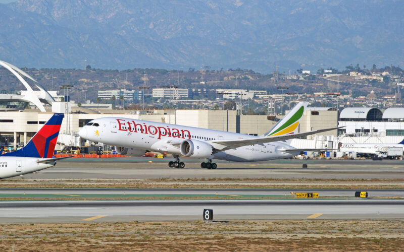 Ethiopian Airlines Boeing 787-8 Dreamliner aircraft is airborne as it departs Los Angeles International Airport, Los Angeles, California USA