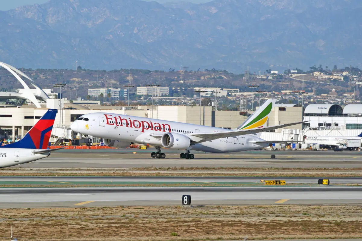 Ethiopian Airlines Boeing 787 8 Dreamliner aircraft is airborne as it departs Los Angeles International Airport Los Angeles California USA