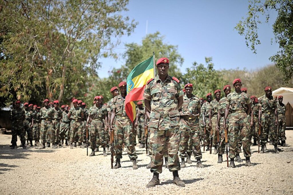 Members of the Ethiopian National Defense Forces stand in formation during a ceremony in Baidoa Somalia to mark the inclusion of Ethiopia into the African Union peace keeping mission in the country