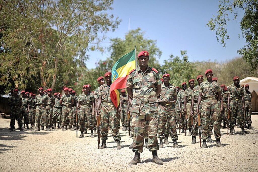 Members of the Ethiopian National Defense Forces stand in formation during a ceremony in Baidoa, Somalia, to mark the inclusion of Ethiopia into the African Union peace keeping mission in the country