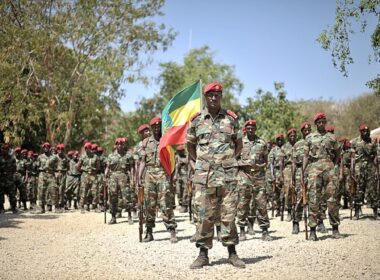 Members of the Ethiopian National Defense Forces stand in formation during a ceremony in Baidoa, Somalia, to mark the inclusion of Ethiopia into the African Union peace keeping mission in the country