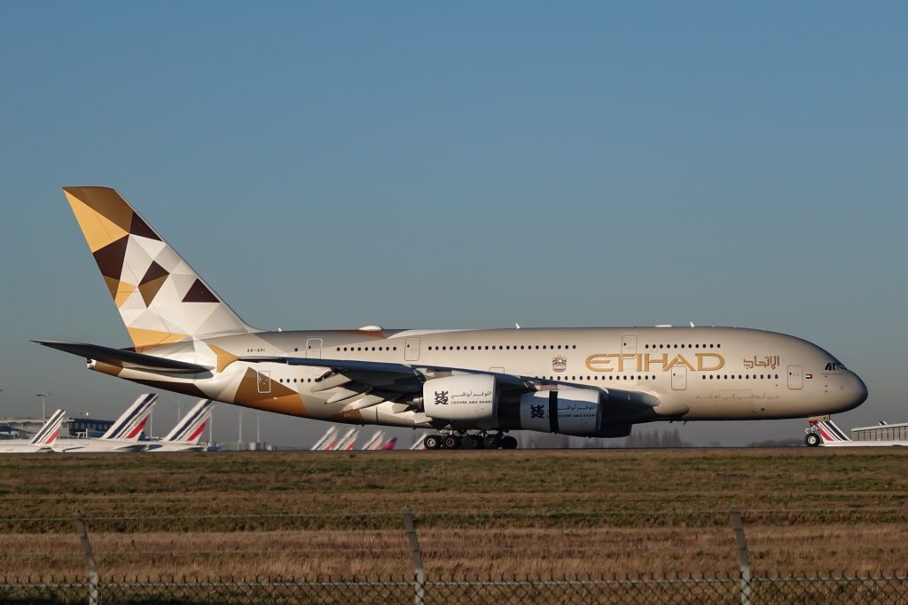 Etihad Airways Airbus A380 at Paris Charles De Gaulle International Airport CDG Etihad Airways restored its third Airbus A380