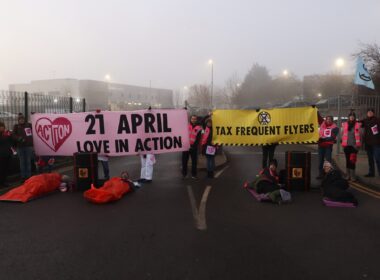 Extinction Rebellion UK protesters blockade entrance to private jet terminals at Luton Airport
