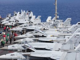 F-18 Super Hornets onboard the USS Gerald R. Ford aircraft carrier in the Eastern Mediterranean