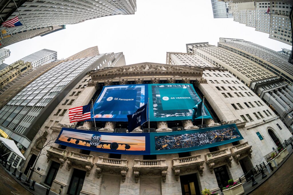 GE Vernova and GE Aerospace on the facade of the New York Stock Exchange GE Vernova and GE Aerospace on the facade of the New York Stock Exchange