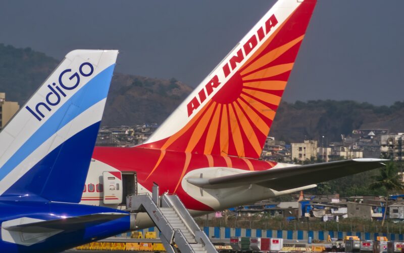 An Indigo A320 and Air India 777 parked at Sahar (Mumbai) International airport