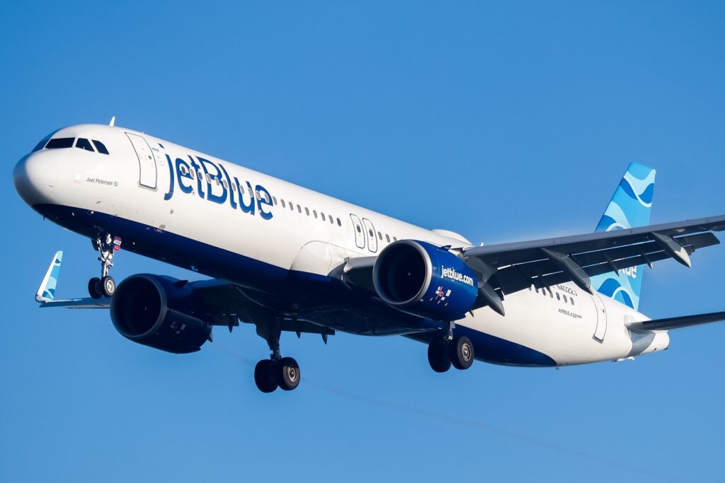 JetBlue Airbus A321LR landing at London Heathrow Airport LHR JetBlue despite given slots at AMS is unhappy with the situation regarding the access to the Dutch capitals airport