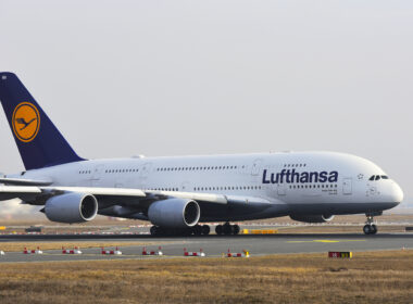 LUFTHANSA Airbus A380-800 to New York takes off from airport, Frankfurt,Germany.