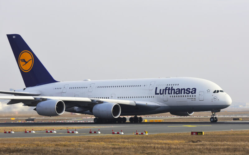 LUFTHANSA Airbus A380-800 to New York takes off from airport, Frankfurt,Germany.