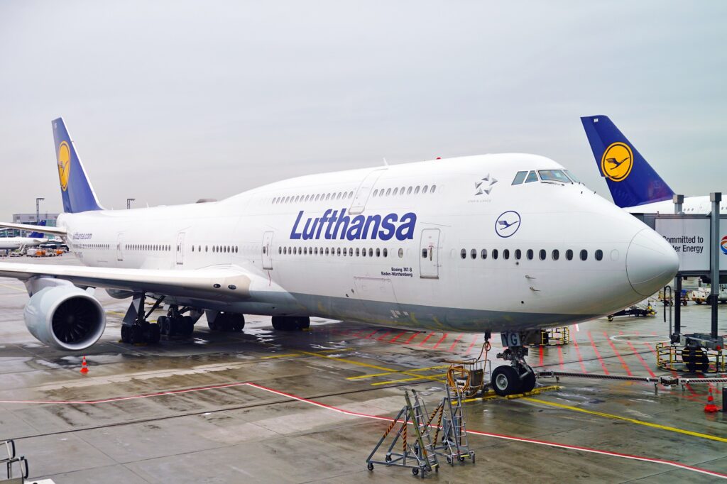 View of a Boeing 747-8 airplane from Lufthansa (LH) at the Frankfurt Airport (FRA)