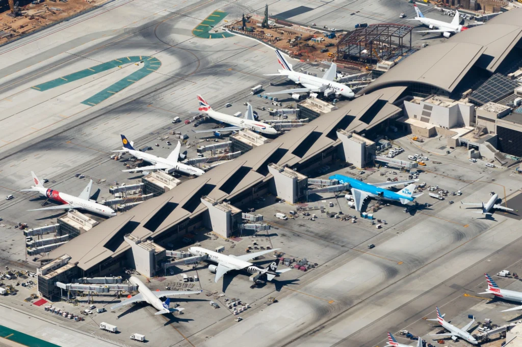 Multiple wide body aircraft of Airbus and Boeing at Los Angeles Airport LAX Multiple wide body aircraft of Airbus and Boeing at Los Angeles Airport LAX