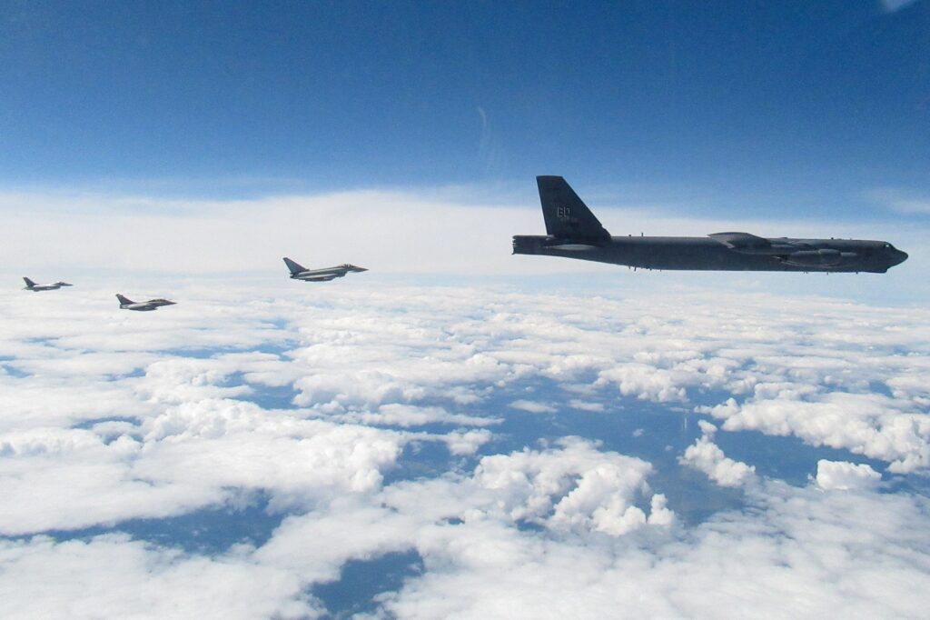 NATO B 52 intercept by RAF Typhoon and French Rafale fighters NATO B-52 intercept by RAF Typhoon and French Rafale fighters