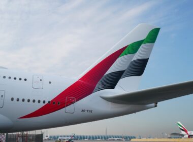 New Emirates livery, showcasing the tail of the Airbus A380