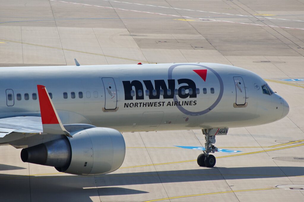 Boeing 757-200 of Northwest Airlines at the airport of Dusseldorf while taxiing.