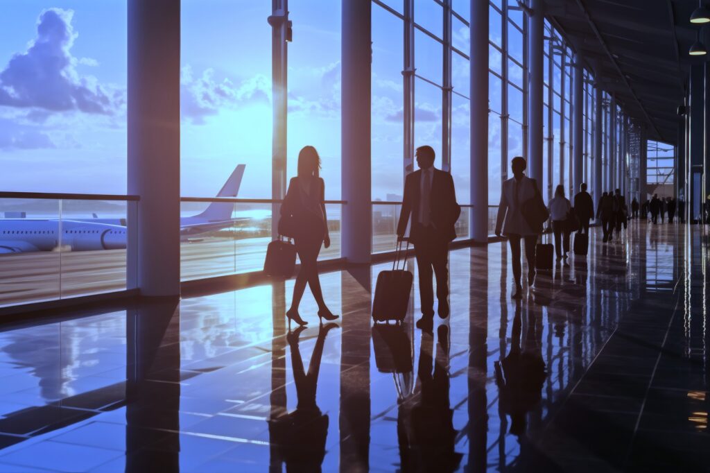 Passengers walking in an airport terminal