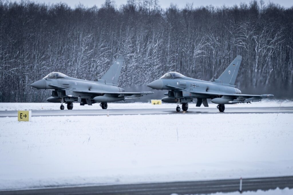 RAF and German Air Force Typhoons scramble for takeoff