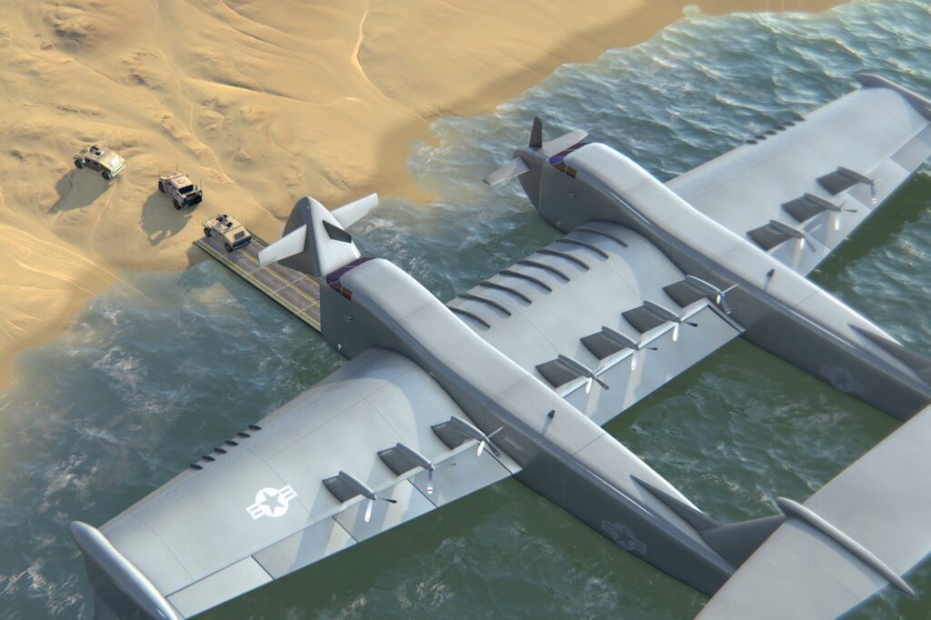 Render of the Liberty Lifter ground-effect aircraft delivering vehicles on a beach