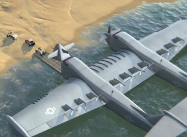 Render of the Liberty Lifter ground-effect aircraft delivering vehicles on a beach