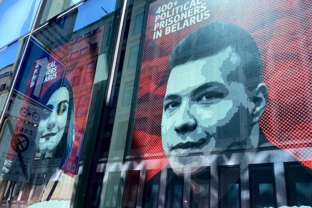 Poster of opposition activist and journalist Roman Protasevich on display outside of Lithuanian embassy in Brussel