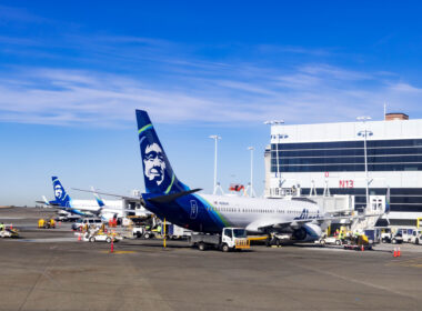 Seattle-Tacoma International Airport Runway Area with Alaska Airplane, Seattle USA, March 30, 2020