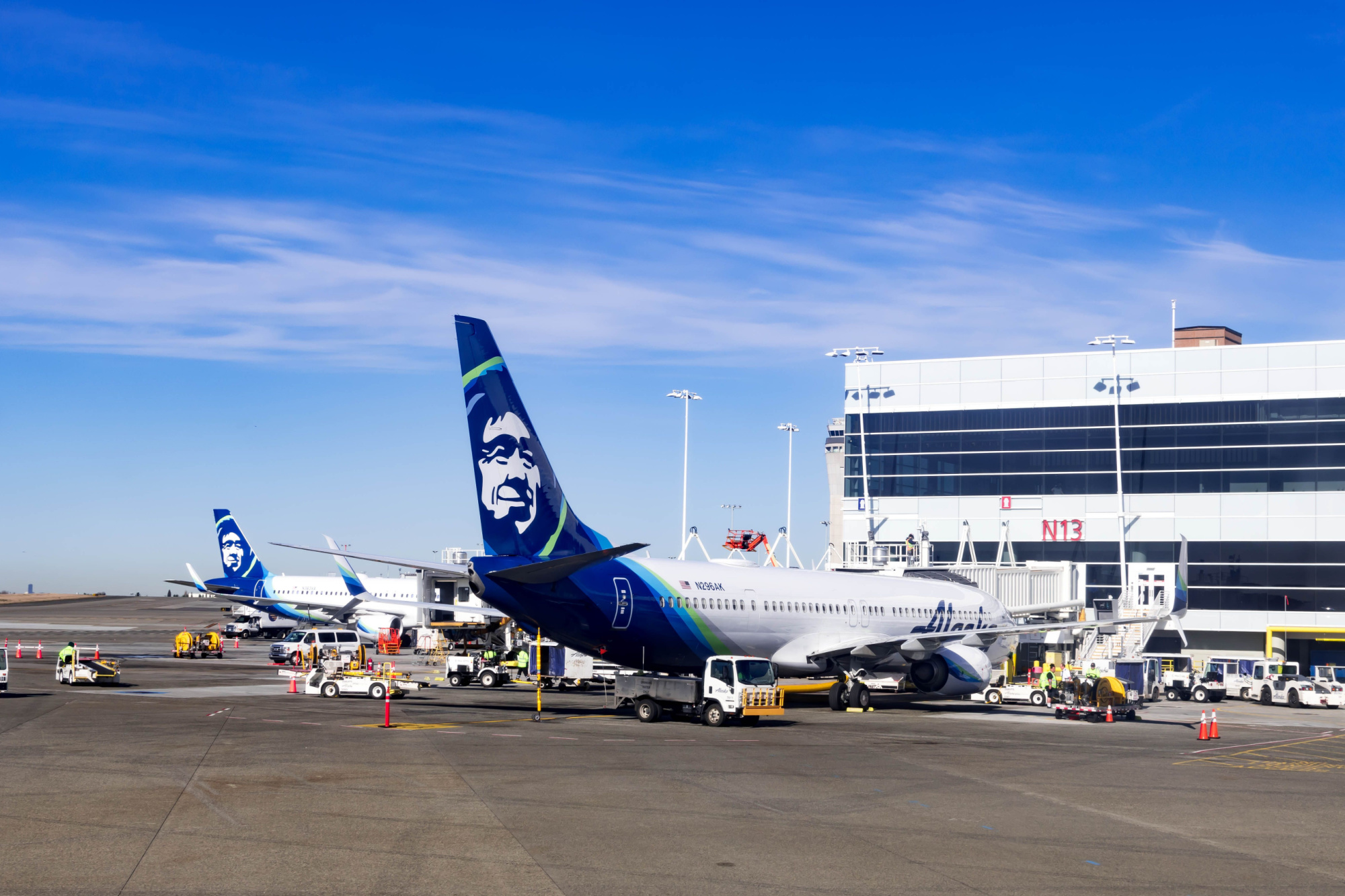 Seattle Tacoma International Airport Runway Area with Alaska Airplane Seattle USA March 30 2020