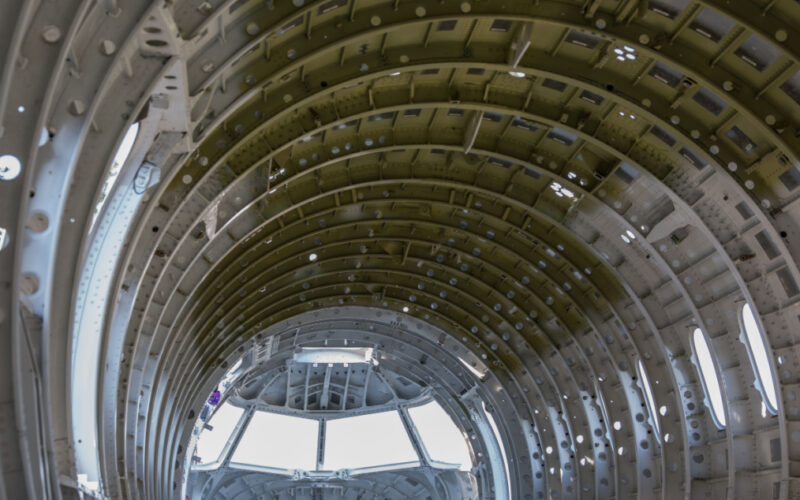 empty airplane airframe  fuselage without any equipment and no panels installed