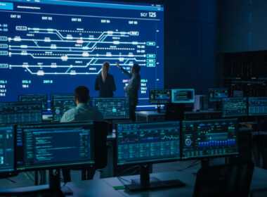 Project Manager and Computer Science Engineer Talking while Using Big Screen Display Showing Infrastructure Infographics and Data.Telecommunications Company System Control and Monitoring Room