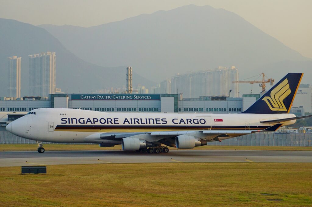 Singapore Airlines Cargo Boeing 747 400F at Hong Kong International Airport HKG A Singapore Airlines Cargo Boeing 747 400F is stuck on the runway at NBO following an aborted take off due to a bird strike