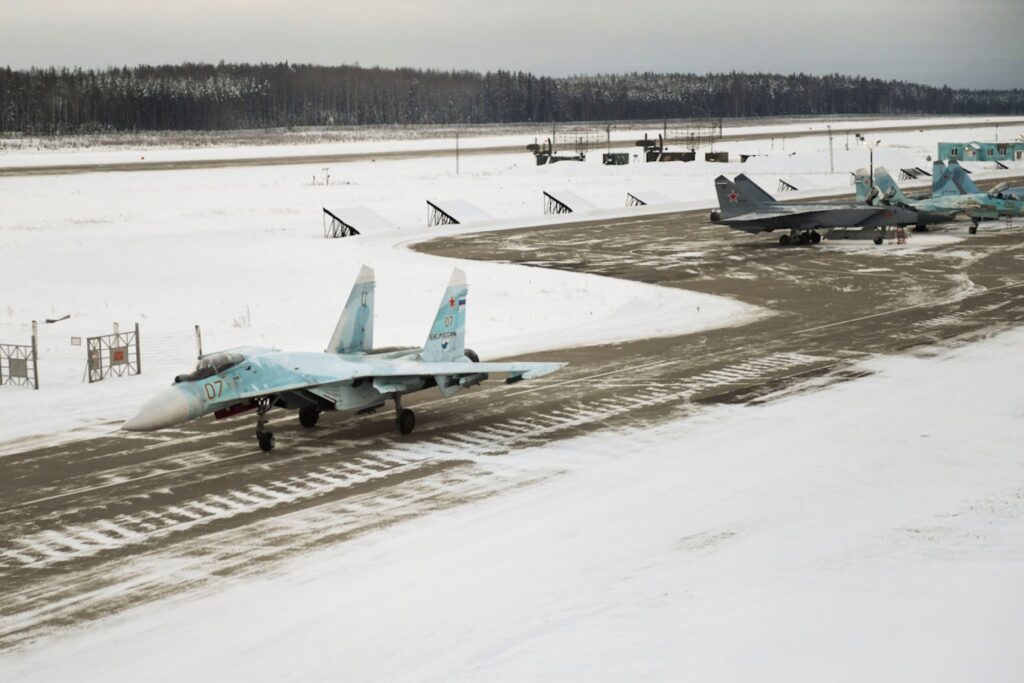 Su-27 and miG-31 fighter jets at Russia's Khotilovo airbase