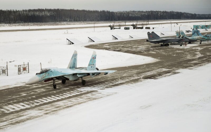 Su-27 and miG-31 fighter jets at Russia's Khotilovo airbase