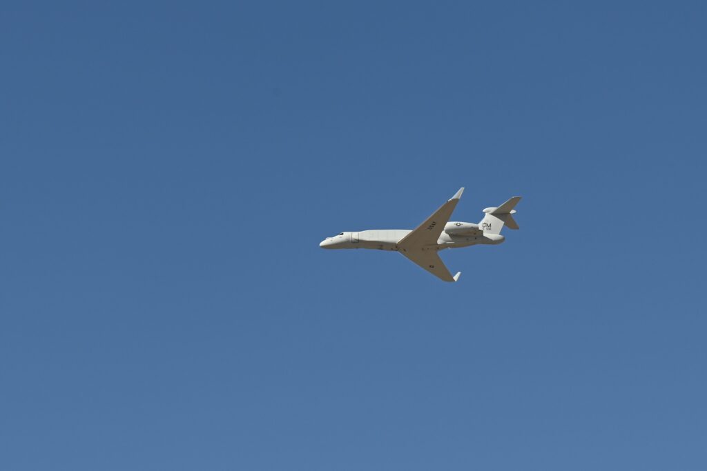 The first EA 37B Compass Call arrives overhead at Davis Monthan AFB Arizona The first EA-37B Compass Call arrives overhead at Davis-Monthan AFB, Arizona