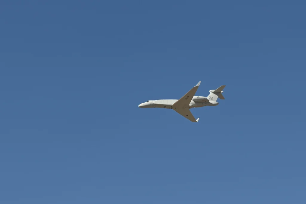 The first EA 37B Compass Call arrives overhead at Davis Monthan AFB Arizona The first EA-37B Compass Call arrives overhead at Davis-Monthan AFB, Arizona