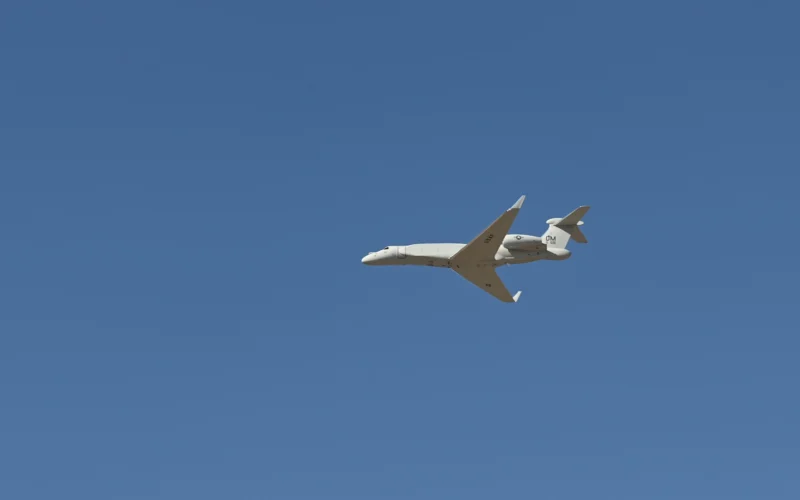 The first EA-37B Compass Call arrives overhead at Davis-Monthan AFB, Arizona