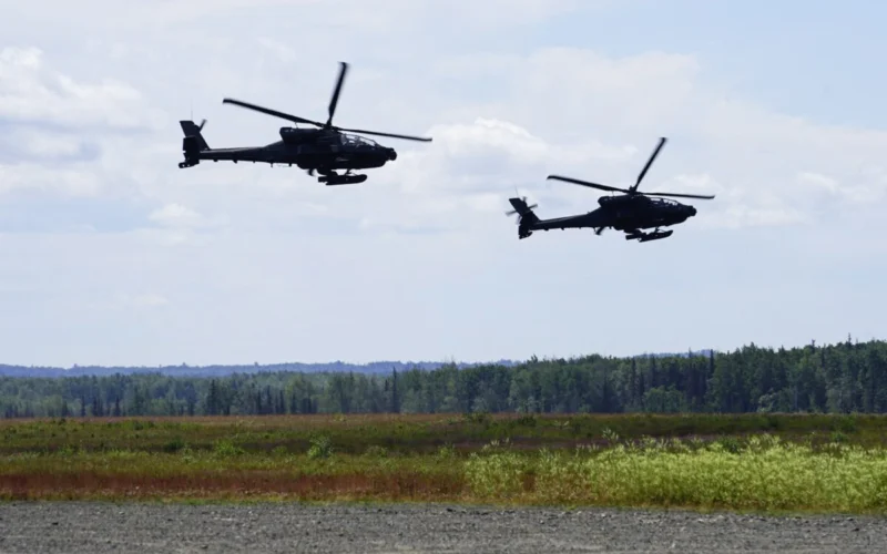 Two Apache Longbow attack helicopters in Alaska