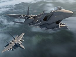 Two F-15EX fighter jets flying in formation