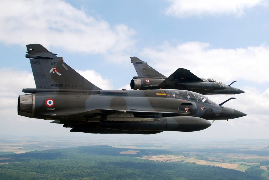 Two French Air Force Mirage 2000D fighter jets Two French Air Force Mirage 2000D fighter jets